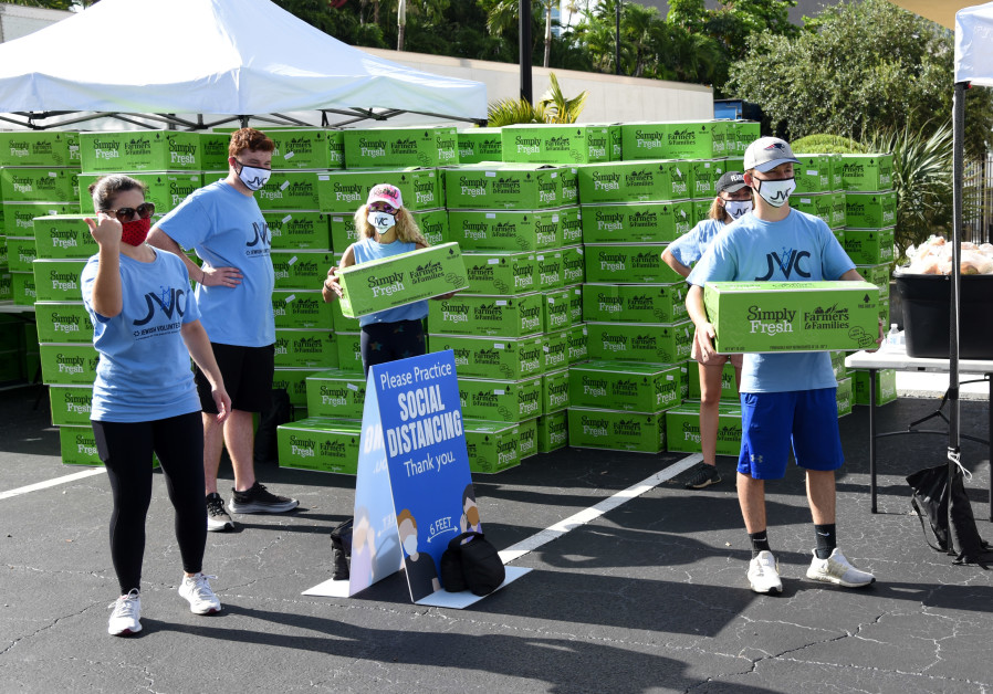 July 29, 2020, Miami, FL Volunteers distribute food at a kosher drive-thru site set up at the Greater Miami Jewish Federation. (Credit: Michele Eve Photography)