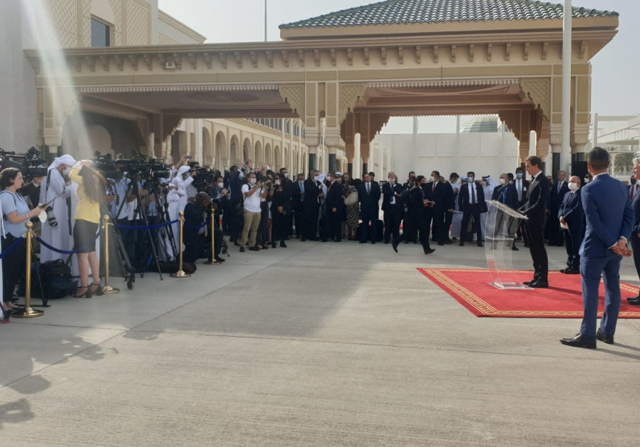 Meir Ben-Shabbat, White House senior advisor Jared Kushner and Emirati Minister of State for Foreign Affairs Anwar Mohammed Gargash meet in Abu Dhabi. August 31, 2020 (Courtesy)
