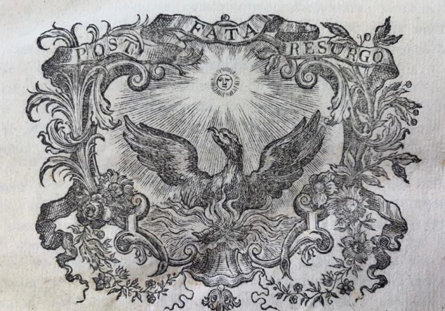 Phoenix appearing on the frontispiece of an 18th century Italian edition of the works of Galileo. (Photo credit: National Library of Israel collection)