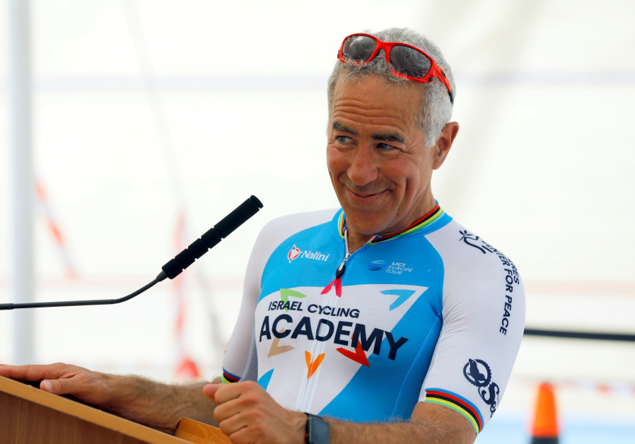 Adams, who served as honorary president of Giro d’Italia’s Big Start Israel, at the unveiling of Israel’s first velodrome in Tel Aviv on May 1, 2018 (Nir Elias/Reuters)
