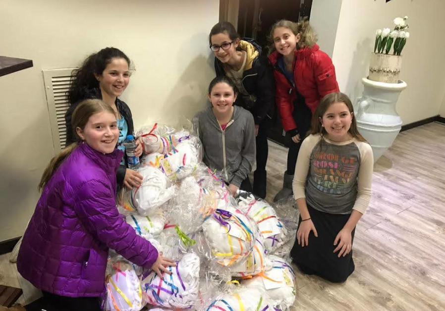 Bat Mitzvah girls make get-well packages for breast cancer patients at Meir Hospital (Courtesy)