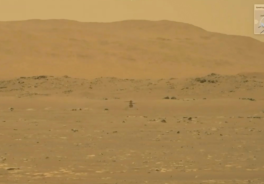 NASA's Mars helicopter Ingenuity makes its first flight. (Credit: NASA)