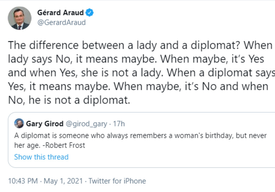 Former French ambassador to Israel Gérard Araud tweeted a misogynistic post about women and consent (Credit: Twitter screenshot)