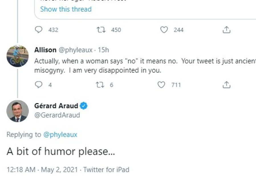 Former French ambassador to Israel Gérard Araud tells a Twitter user to have "a bit of humor" after tweeting a misogynistic message