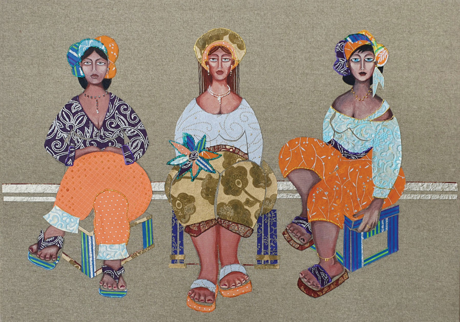 THREE WOMEN in colorful dresses, acrylic on raw canvas, decor paper collages, 3D colors. (Navah Porat)
