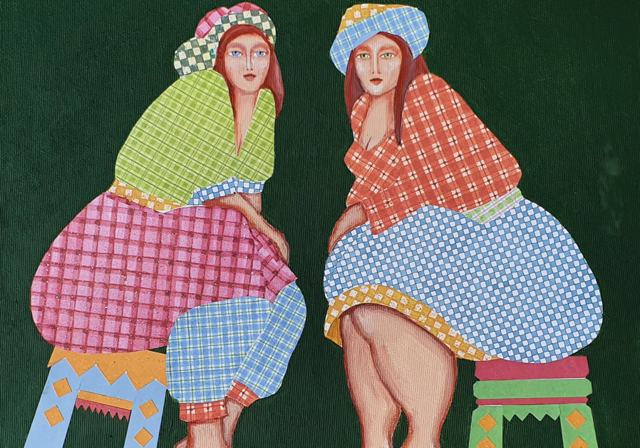 TWO LADIES in plaid dresses, acrylic on canvas, paper decor collages. (Navah Porat)