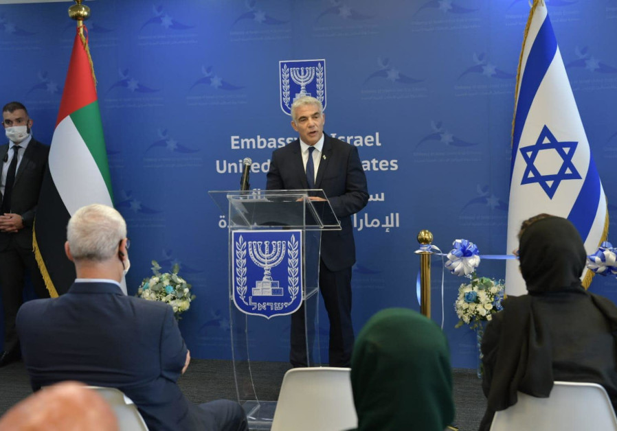 Foreign Minister Yair Lapid at the Israeli Embassy in the United Arab Emirates (Credit: Shlomi Amsalem/GPO)