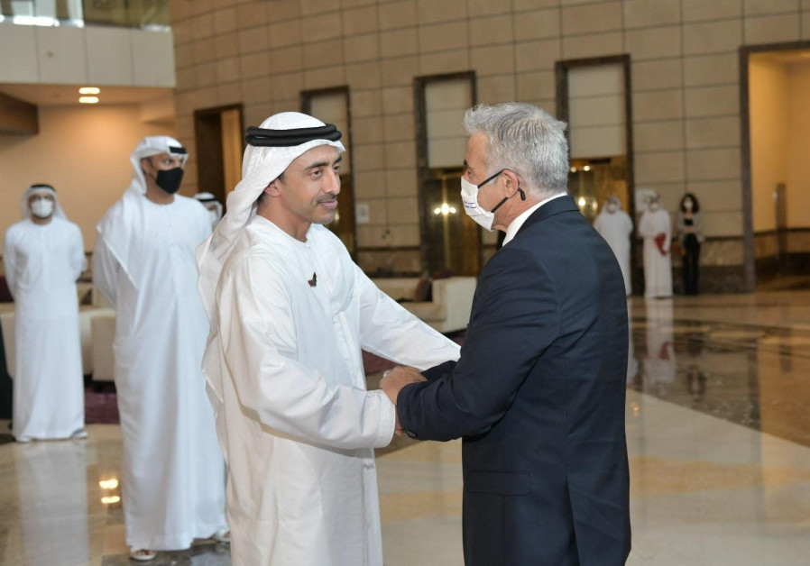 Foreign Minister Yair Lapid meeting with Foreign Minister Abdullah bin Zayed Al Nahyan (Credit: Lahav Harkov)