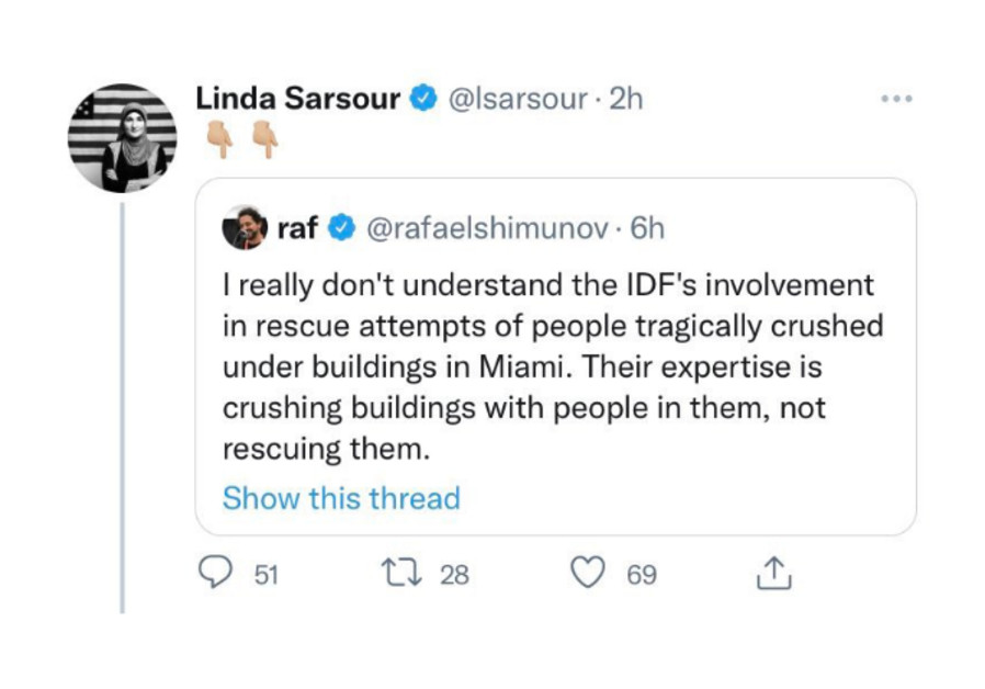 Sarsour's tweet, which she has since deleted, sharing a conspiracy theory about IDF presence at the Miami Surfside rescue site. (Credit: Twitter Screenshot.)