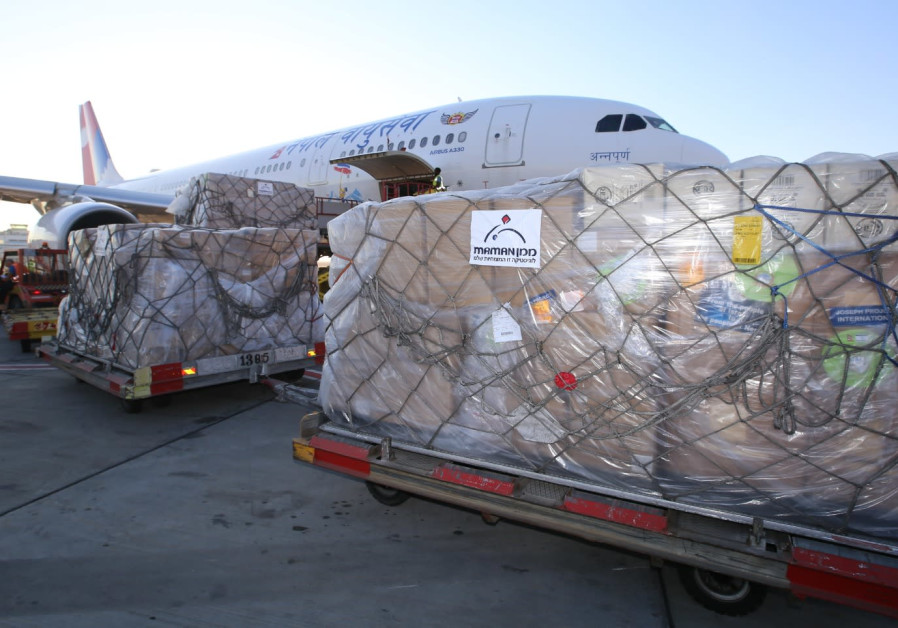 The Nepal Air aircraft containing coronavirus supplies from Israel, to be sent to Nepal to help the country fight the pandemic, July 7, 2021. (Credit: FOREIGN MINISTRY)
