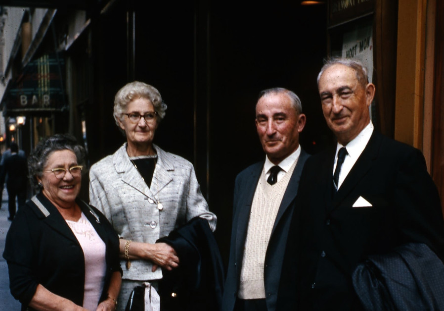 The writer’s grandparents, grandfather Sam Rafel (third from left) reunited with his brother Phillip and sister-in-law Celia (second from left) after 57 years in New York, 1964. (Courtesy)