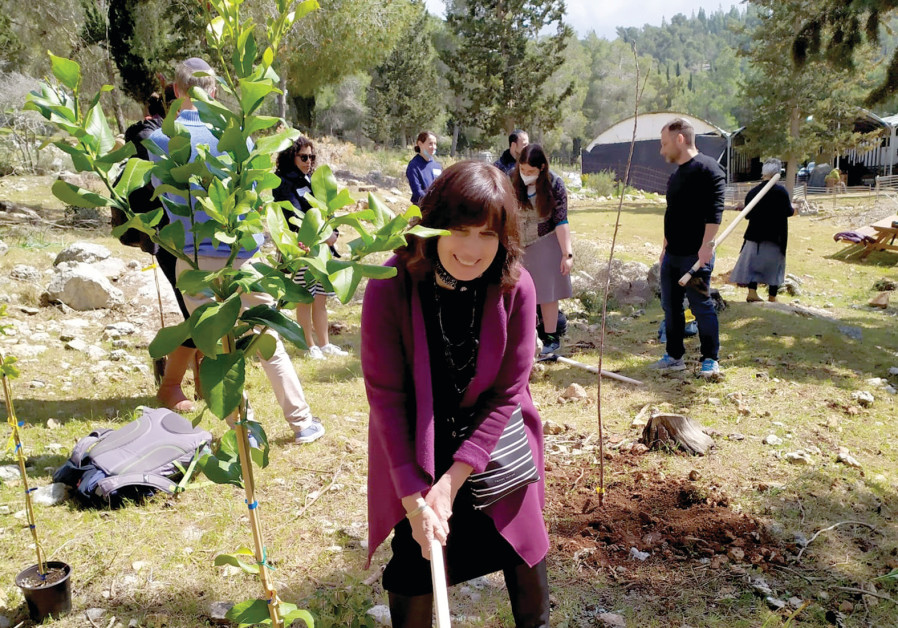 LISA RUBIN at Tu B’Shvat tree planting event in Gush Etzion, 2021. (COURTESY LISA RUBIN)