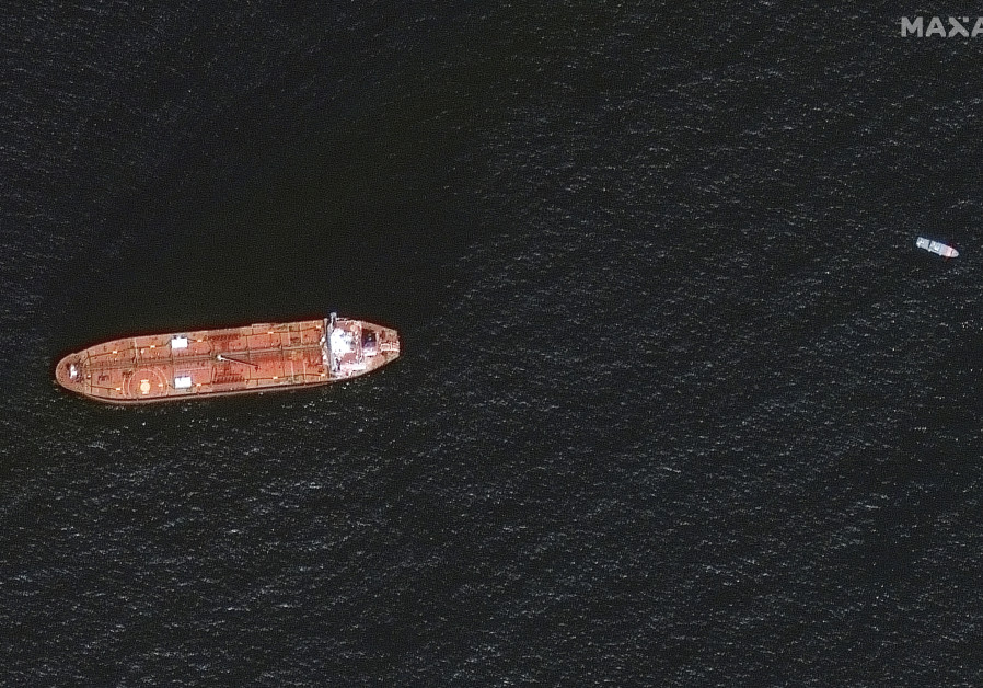 A satellite image shows the damaged Mercer Street Tanker moored off the coast of Fujairah, United Arab Emirates, August 4, 2021. (Credit: MAXAR TECHNOLOGIES/HANDOUT VIA REUTERS)