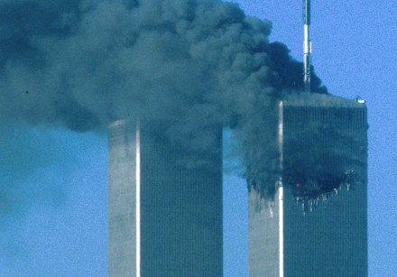 The twin towers after being hit, 9/11