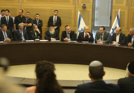 Prime Minister Benjamin Netanyahu at the right-wing bloc faction meeting at the Knesset