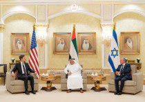Israeli National Security Advisor Meir Ben-Shabbat, U.S. President's senior adviser Jared Kushner and Minister of State for Foreign Affairs of United Arab Emirates Anwar Gargash hold a meeting in Abu Dhabi, United Arab Emirates August 31, 2020.