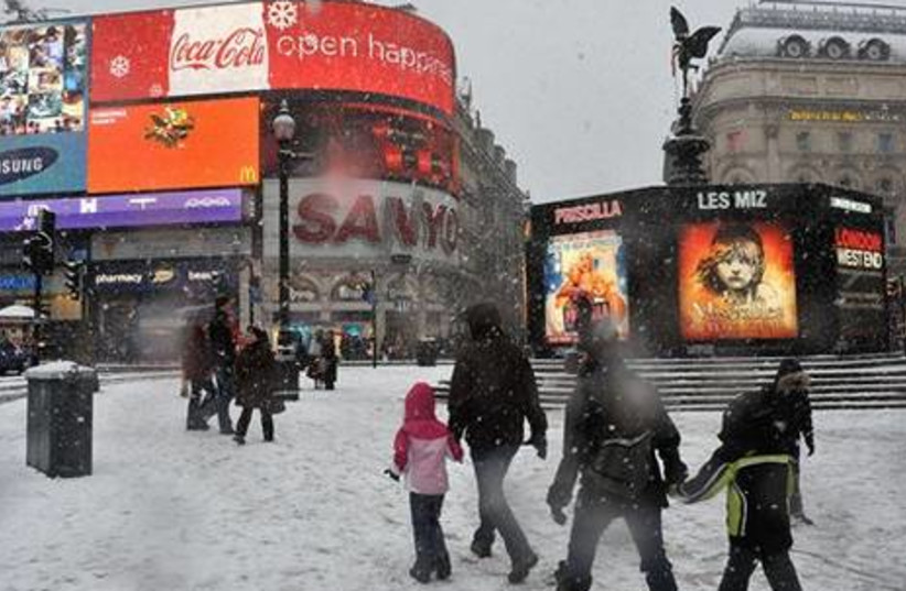 Snow in Piccadilly Circus in central London