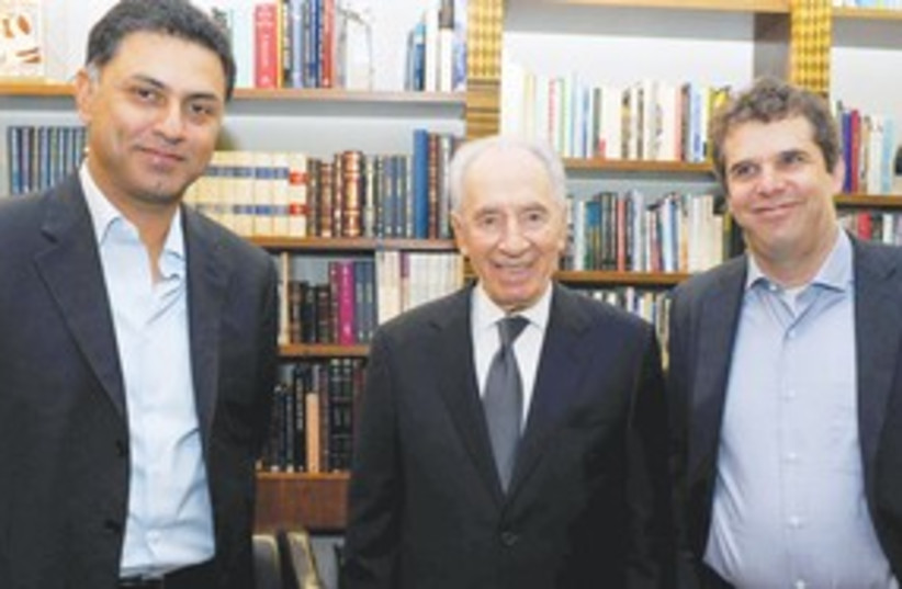 President Shimon Peres, Nikesh Arora and Meir Brand  311 (photo credit: Mark Neyman/GPO)