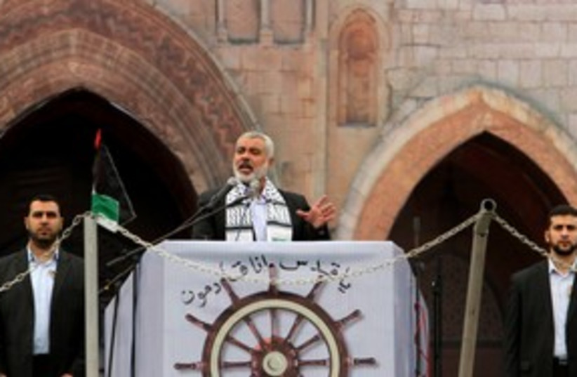 Haniyeh delivers speech at rally 311 R (photo credit: REUTERS)