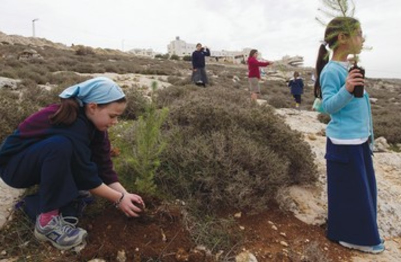 Girls planting tu bshvat 390 (photo credit: Ronen Zvulun/Reuters)