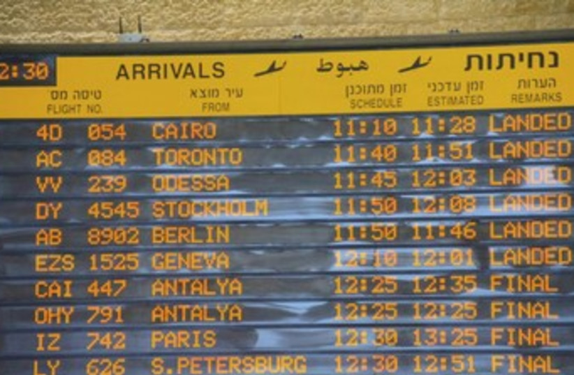 Arrivals board at Ben-Gurion Airport 370 (photo credit: TOVAH LAZAROFF)