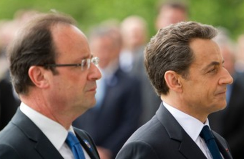 Sarkozy and Hollande at VE Day ceremony 370 (photo credit: REUTERS/Lionel Bonaventure)