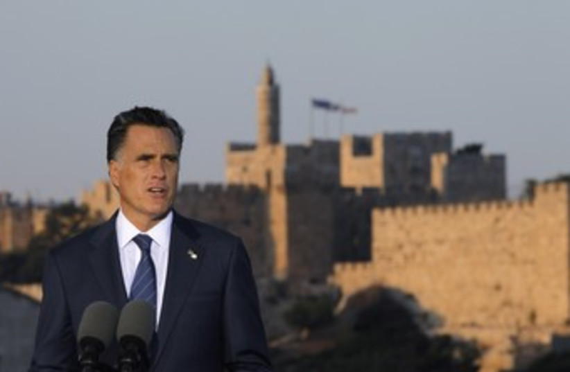 Mitt Romney delivers speech in Jerusalem 370 (R) (photo credit: Jason Reed / Reuters)