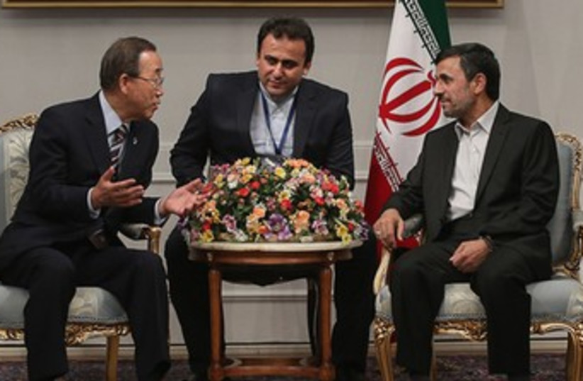 Ban Ki-moon, Mahmoud Ahmadinejad 370 (photo credit: REUTERS/Handout )