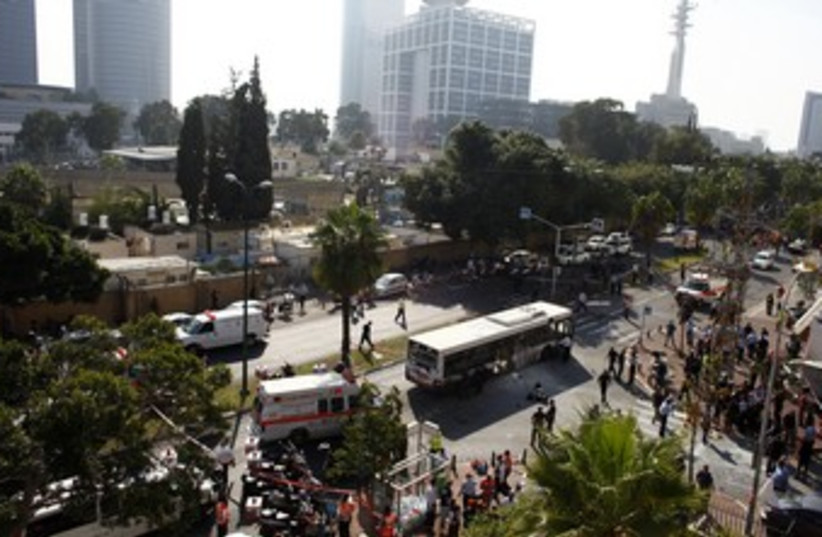 Far shot of Tel Aviv terror attack on bus 370 (photo credit: Nir Elias/Reuters)