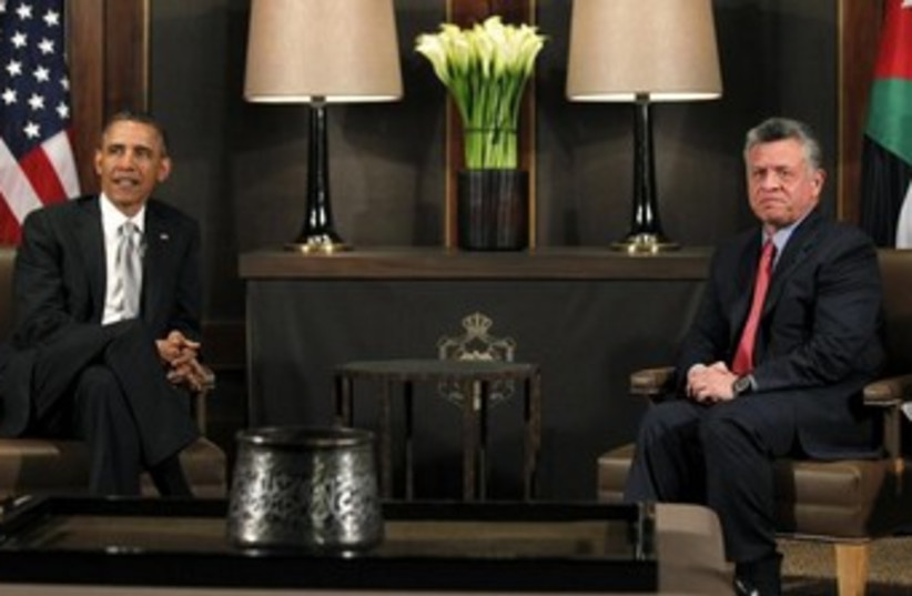 Obama, Abdullah sit together March 2013. (photo credit: REUTERS/Jason Reed )