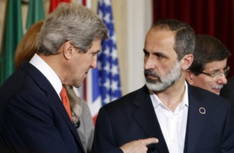 Moaz Alkhatib with John Kerry 370 (photo credit: REUTERS/Remo Casill)