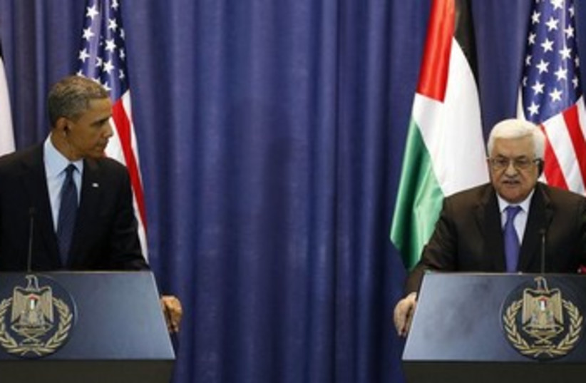 Obama and Abbas in Ramallah in March 2013 370 (photo credit: REUTERS/Larry Downing)