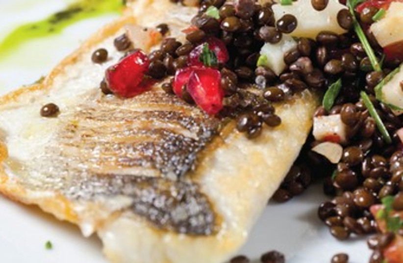 Seared fish with lentil salad, herbs, pomegranate and quince (photo credit: Boaz Lavi)