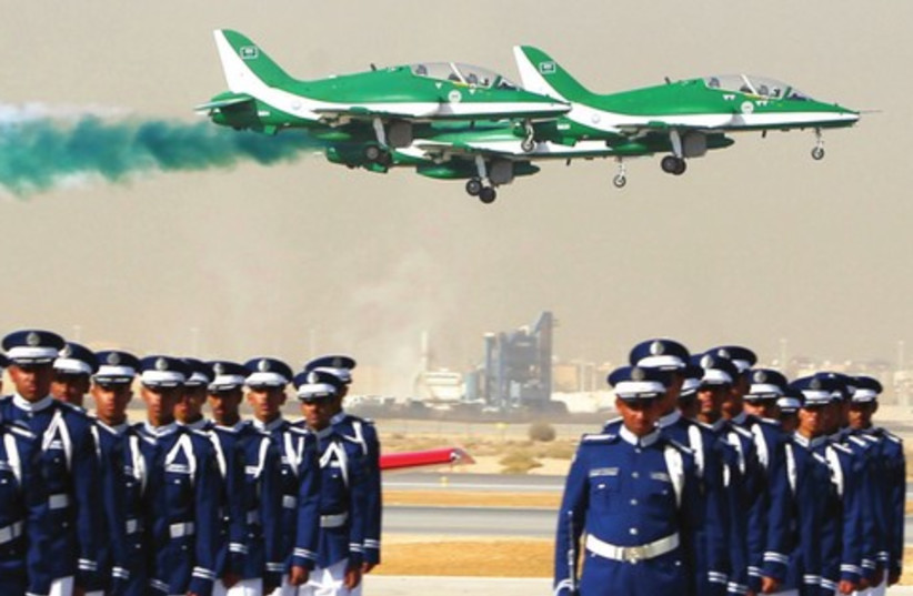 Saudi Air Force jets ﬂy in formation during a graduation ceremony for Air Force officers in Riyadh (photo credit: Fahad Shaheed/reuters)