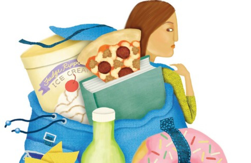 Girl cartoon with backpack full of food (photo credit: MCT)