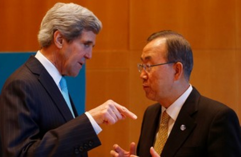 UN Secretary General Ban Ki-Moon and US Secretary of State John Kerry at Geneva 2 (photo credit: REUTERS)