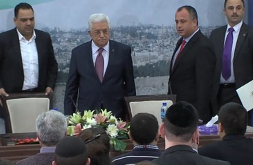 Abbas with Jewish strudents in Ramallah, February 16, 2014.  (photo credit: SURICATA PRODUCTIONS)