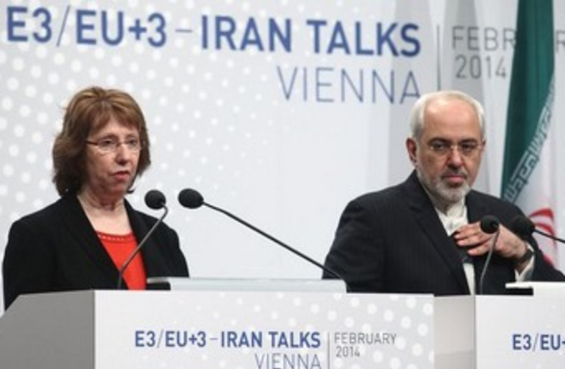 EU foreign policy chief Catherine Ashton (L) and Iranian Foreign Minister Mohammad Javad Zarif in Vienna February 20, 2014.  (photo credit: REUTERS)