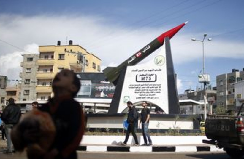 Statue of M-75 rocket in Gaza (photo credit: REUTERS)