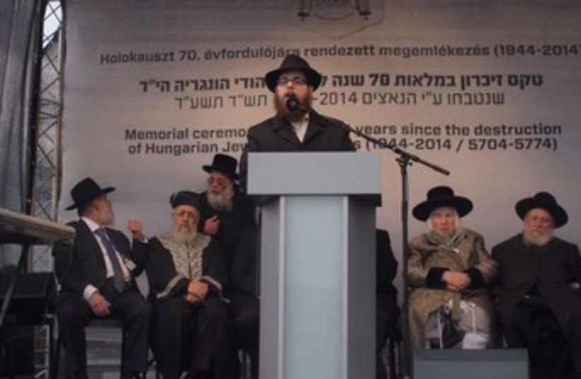 Rabbi Shlomo Koves of Lubavitch of Hungary addressing RCE members at the organization's gathering in Budapest last week. (photo credit: SAM SOKOL)