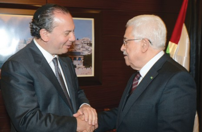 PALESTINIAN AUTHORITY President Mahmoud Abbas meets with Rabbi Marc Schneier in Ramallah earlier this week. (photo credit: MAHMUD ALIAN)