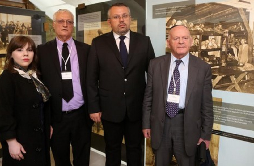  Elisabeta Ungurianu, director of the Wiesel Institute in Romania, Chaim Chesler, the initiator of the project, Claims Conference vice president Ben Helfgott and Sighet Mayor Ovidiu Nemes.  (photo credit: MARC ISRAEL SELLEM)