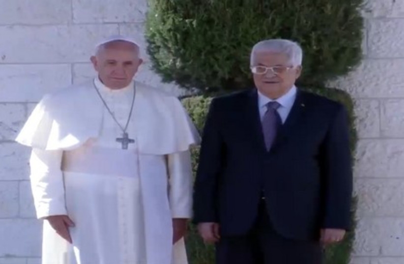 Pope Francis with Palestinian Authority President Mahmoud Abbas in Bethlehem May 25, 2014. (photo credit: screenshot)