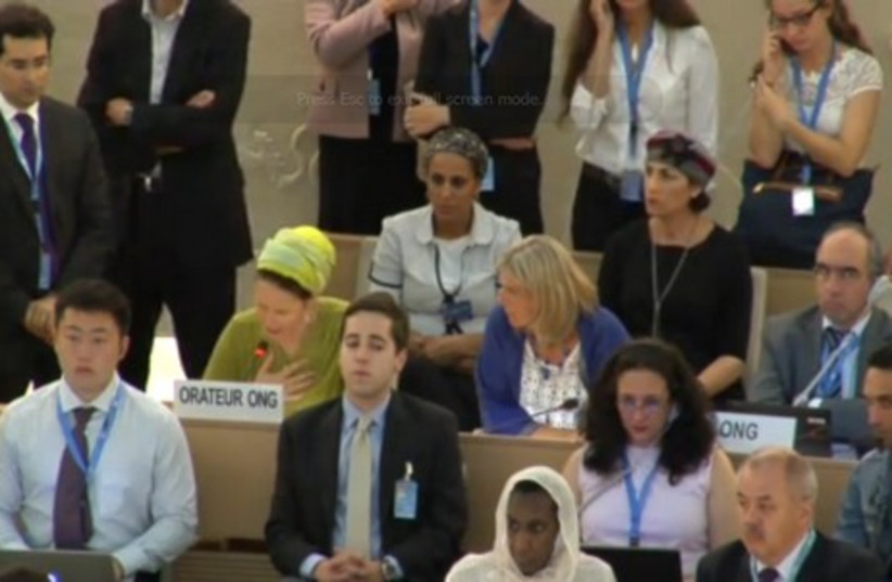 Racheli Fraenkel Mother of kidnapped Israeli teen speaks to UN Human Rights Council (photo credit: screenshot)