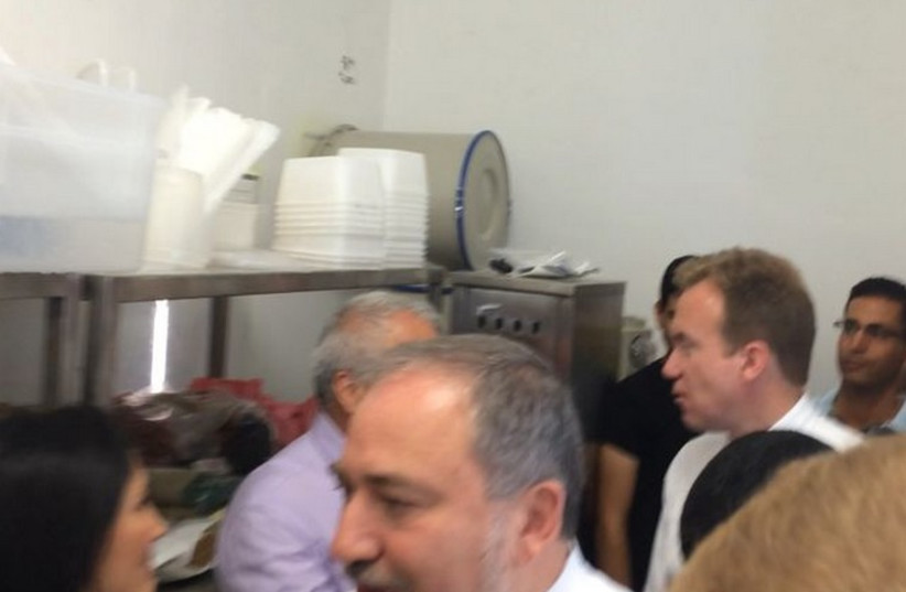Foreign ministers Avigdor Liberman and Brende Borge in an Ashkelon bomb shelter due to Gazan rockets being fired at the city. (photo credit: FOREIGN MINISTRY)