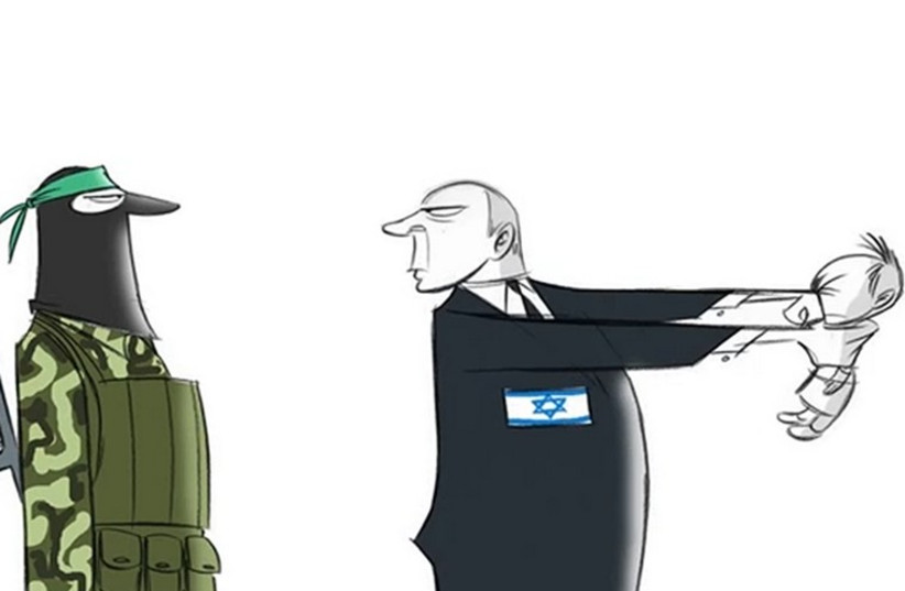 A Washington Post caricature depicting Prime Minister Binyamin Netanyahu punching an infant. (photo credit: YOUTUBE SCREENSHOT)