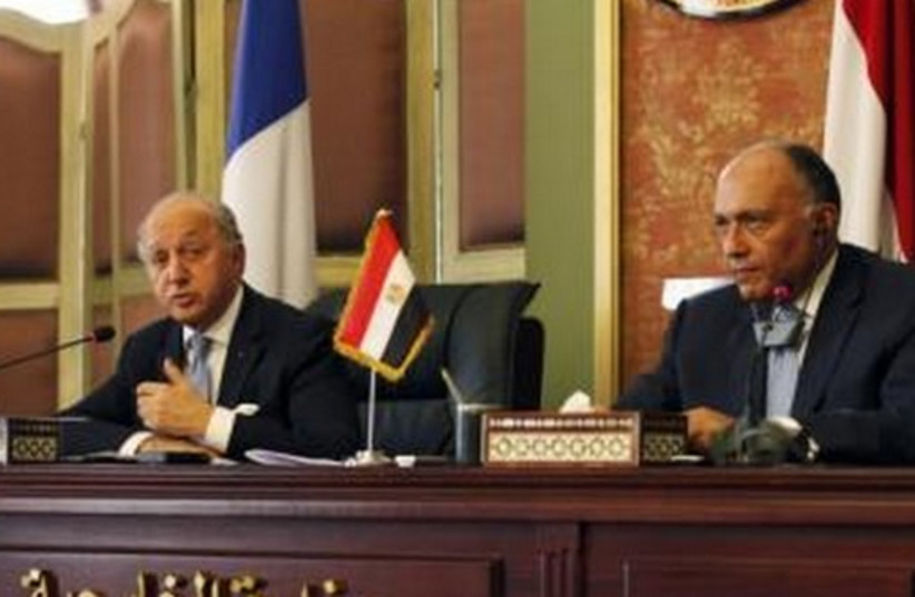 French Foreign Minister, Laurent Fabius (L), talks during a news conference with his Egyptian counterpart Samih Shukri (R), in Cairo July 18, 2014. (photo credit: REUTERS)