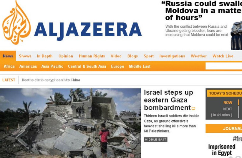 THE AL JAZEERA English news site covers the Gaza conflict yesterday (photo credit: screenshot)