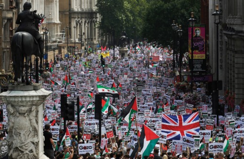Hundreds of demonstrators march up Whitehall, in central London, as they protest against Israel’s military action in Gaza on July 19, 2014 (photo credit: REUTERS)