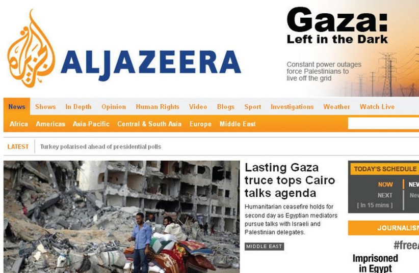AN AL JAZEERA screenshot August 7th, highlighting its coverage of the conflict in Gaza between Hamas and Israel (photo credit: screenshot)